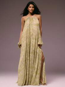 MUSERA Đầm maxi in họa tiết tay xẻ lưng cực kỳ gợi cảm, in xếp ly toàn thân, thích hợp cho mùa thu, hè, đi nghỉ mát, tiệc tùng, dự đám cưới, sinh nhật, câu lạc bộ, tiệc brunch, đi chơi, du lịch biển, tiệc tùng, thanh lịch, Ibiza, dịp đặc biệt, nữ tính, dễ thương, Giáng sinh, mùa thu, lễ tốt nghiệp, đầm dài. - Màu vàng - Xem 6