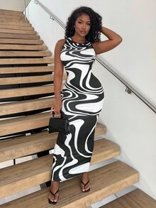 Alexandranx Women's Tie-Dye Print Fitted Dress, Summer Long Dress, Green Long Dress Maxi Women Outfit - Black and White - View 4