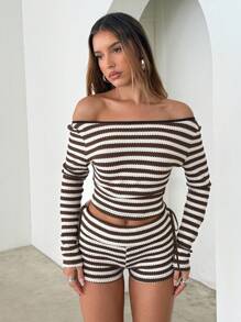 Aloruh Pantaloni scurți mini sexy cu talie joasă, cu dungi maro și albe, Y2K, pentru femei - Multicolor - Vizualizare 7