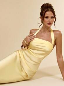 SHEIN BAE 女士春夏性感简约纯黄色缎面露背吊带连衣裙，适合派对、鸡尾酒会、正式场合、伴娘、生日庆典 - 黃色 - 查看 7