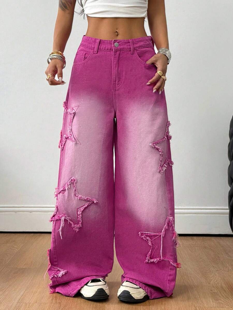 Coolane 女款饶舌歌手运动休闲垃圾摇滚星形图案水洗牛仔裤