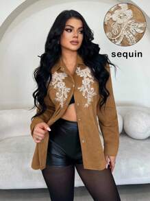 SHEIN SXY Kurtka casualowa vintage z haftem kwiatowym i cekinami - Brązowy - Zobacz 1