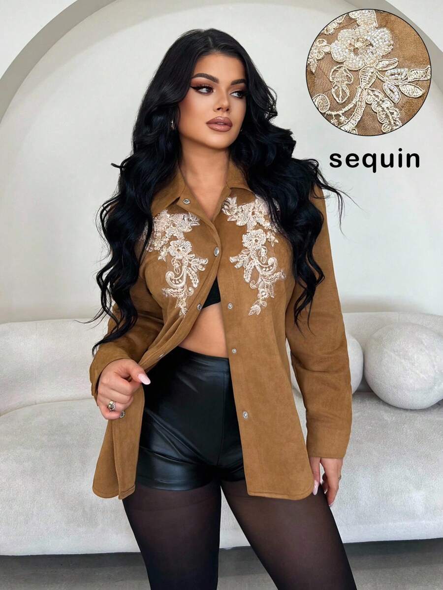 SHEIN SXY Kurtka casualowa vintage z haftem kwiatowym i cekinami - Brązowy - Zobacz 1
