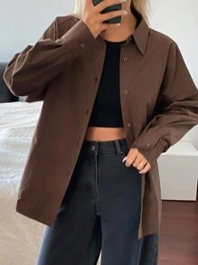 DAZY Women's Solid Color Loose Split Button Waist Long Sleeve Casual Elegant Blouse, Spring/Autumn,Fall Women Clothes - Coffee Brown - View 5