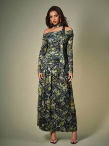 ORANGE STUDIO Women's Long Dress With Autumn Leaf Camouflage Pattern, Winter Long Sleeve Maxi Dress Women Green Floral Dress Women Floral Maxi Dress Printed Maxi Dress Long Sleeve Floral Dress - Army Green - View 4