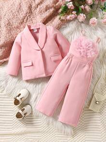 Sparklyn 3 pièces Ensemble de tenue de fête pour bébé fille : Blazer à col mao de couleur unie, Débardeur à décor floral en maille, et Pantalon large à taille élastique, Convient pour le printemps et l'automne, mariage, fête, bal, anniversaire, Halloween, remise des diplômes