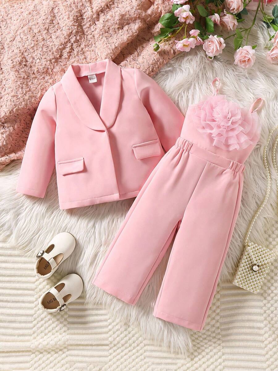 Sparklyn 3 pièces Ensemble de tenue de fête pour bébé fille : Blazer à col mao de couleur unie, Débardeur à décor floral en maille, et Pantalon large à taille élastique, Convient pour le printemps et l'automne, mariage, fête, bal, anniversaire, Halloween, remise des diplômes