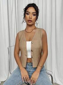 Elenzga Áo len cardigan dáng ôm không tay cổ chữ V sâu phong cách Âu Mỹ mới 2024 dành cho nữ - Màu Khaki - Xem 5