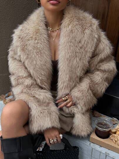 DAZY Damen Einfarbige Oversized Kragen Langarm Loose Fake Fur Jacke Damen Mäntel