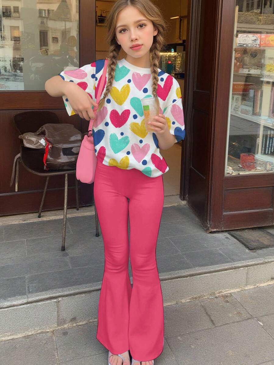 SHEIN Bộ 2 chiếc áo thun tay ngắn in hình trái tim giản dị và tối giản cho bé gái tuổi teen, màu hồng, mùa hè - Nhiều màu - Xem 1