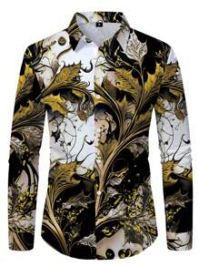 Manfinity AFTRDRK 男士复古花卉图案印花长袖衬衫，适合春秋季节，休闲舒适衬衫可作为礼物，男士真丝衬衫，男士奢华衬衫，男士设计师衬衫，黑色和金色正装衬衫。送给男朋友或丈夫的绝佳礼物。 - 彩色 - 查看 4
