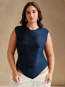 Anewsta 大码女士绷带无袖连体衣，藏蓝色高领紧身设计，夏季上衣，显瘦塑形，遮掩小肚腩