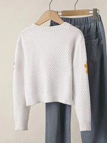 女童彩色花卉短款圆领毛衣，适合居家、外出、聚会、返校穿着 - 白色 - 查看 5