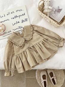 Vintaside Kids 女童彼得潘领衬衫，长袖，可爱时尚，百搭春秋休闲衬衫，田园风，可拆卸蝴蝶结装饰，优雅甜美 - 卡其色 - 查看 4