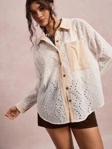 SHEIN VCAY 大码女式撞色刺绣单排扣口袋休闲衬衫外出上衣女式教师西部复古秋冬大码波西米亚风旧式女装 - 彩色 - 查看 2