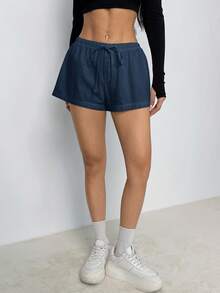SHEIN PETITE Shorts casuais soltos com cordão na cintura e cor sólida para mulheres