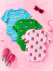 THE POWERPUFF GIRLS X SHEIN 3pcs Baby Girl Blossom, Bubbles, Buttercup Pattern Cute Short Sleeve Bodysuit Set, Pink/Blue/Green - Multicolor - View 2