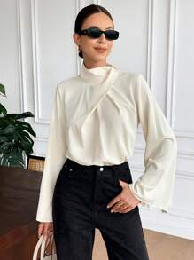SHEIN Frenchy بلوزة أنيقة للسيدات ذات ياقة عالية وأكمام واسعة، لون أحادي، مناسبة للارتداء اليومي، للعودة إلى المدرسة، حفلات الريف، الملابس الرسمية الكاجوال للسيدات، للمعلمات، لليلة المواعدة، الغداء، الملابس الغربية للسيدات، بلوزة رسمية كاجوال - لون مشمشي - مشاهدة 1