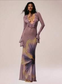 MUSERA 透视超低 V 领荷叶边花卉印花网眼长袖超长连衣裙围脖前部花卉印花不对称下摆连衣裙秋冬秋夏季假期夜间外出约会之夜婚礼宾客生日俱乐部性感早午餐外出游轮派对优雅伊比沙岛场合少女可爱