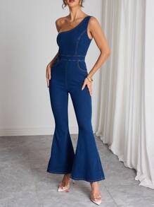 Elenzga Asymmetrical Neck Elastic Washed Denim Flare Jumpsuit ,Casual Elegant Lady - Dark Wash - View 5