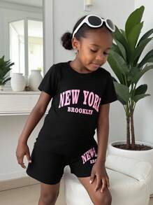 年輕女孩字母圖形t恤和短褲 - 黑色 - 查看 8