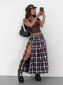 Coolane Falda evasé con estampado de cuadros, dobladillo con volantes y abertura alta para mujer - Multicolor - Ver 6