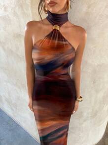Aloruh Seksowna asymetryczna sukienka maxi z nadrukiem tie-dye na całej szerokości, damska, elegancka, seksowna, z metalową klamrą, z wycięciem, dopasowana, czarna, dzianinowa, elastyczna, odpowiednia na lato, wakacje, imprezę, jesień, weselna, na przyjęcie, elegancka sukienka, sukienka na imprezę