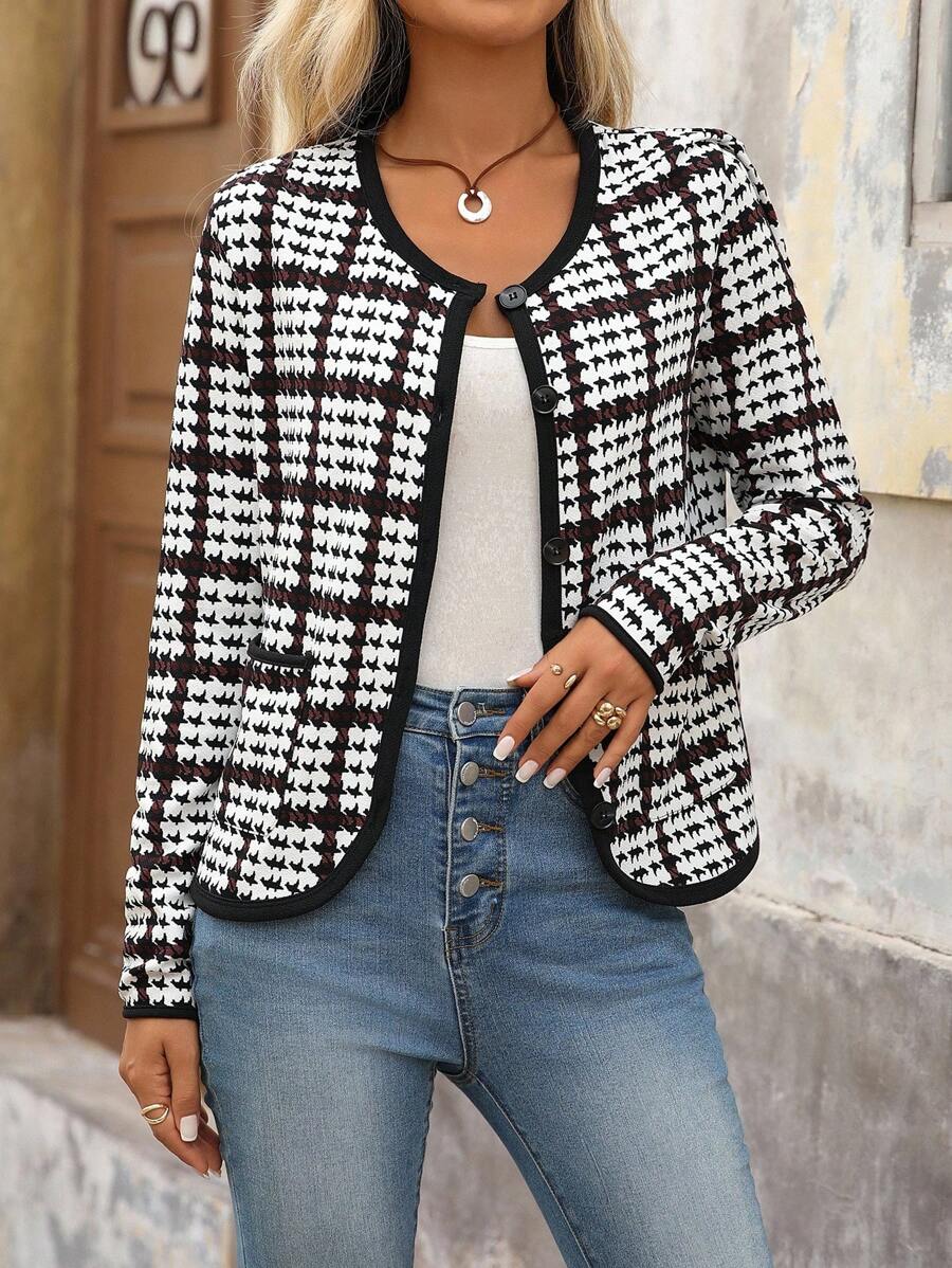Brillora Women's Houndstooth Long Sleeve Single-Breasted Casual Round Neck Jacket, Tweed Jacket Women, Plaid Jacket Women, Women Casual Jacket, Houndstooth Jacket,Bohemian,Boho Chic,Boho Women Clothing,Western Wear Women,Western, Houndstooth Blazer Women,Fall Clothes,Women's Fall Clothes,Winter Jacket,Business Casual Woman