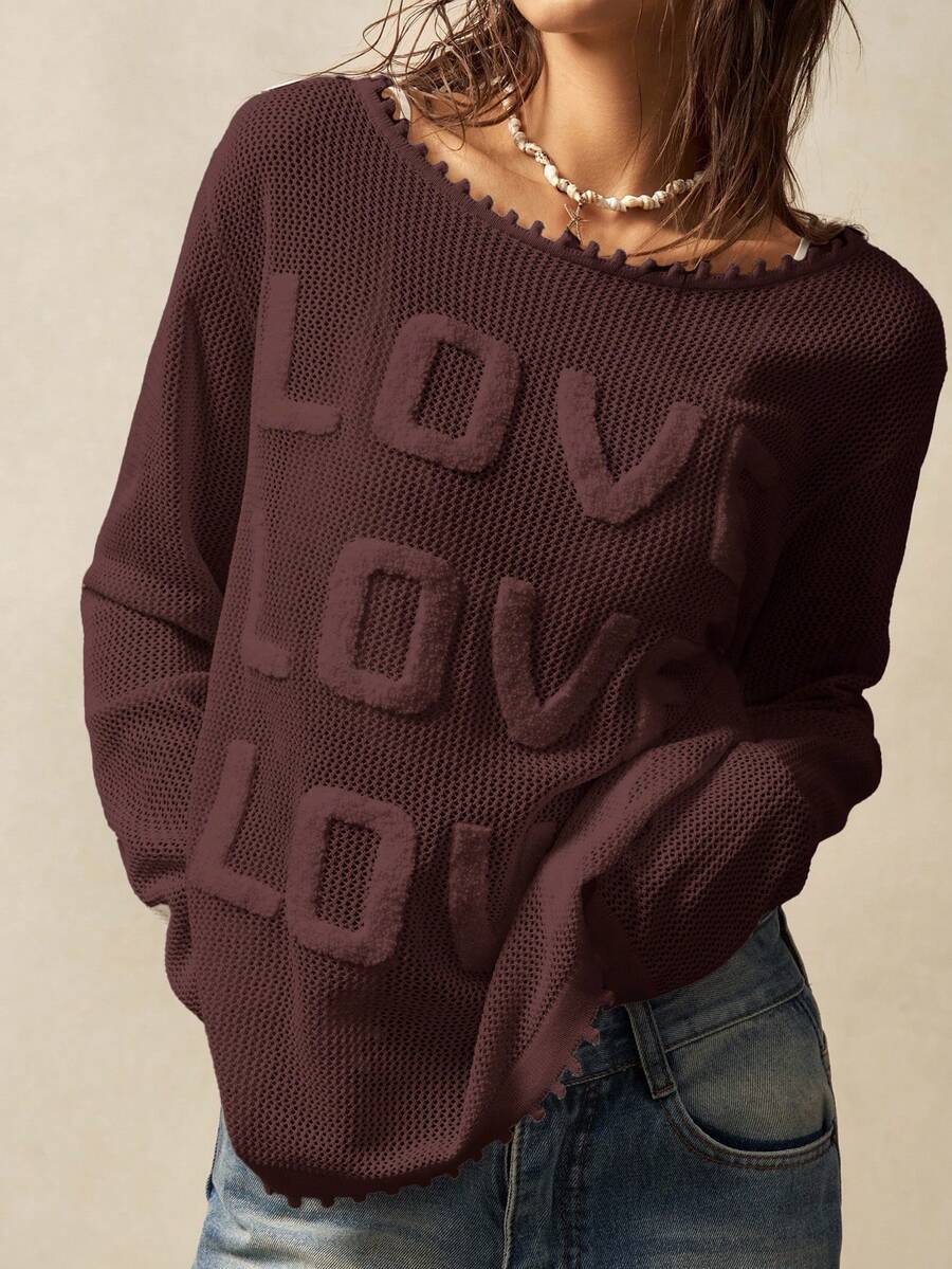 Bohemela Women's Letter Pattern Round Neck Dropped Shoulder Long Sleeve Loose Casual Sweater Women Sweaters Fall Sweaters,Brown Sweater - Coffee Brown - View 1