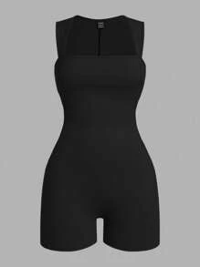 SHEIN EZwear 3pcs Summer Minimalist Solid Color Square Neck Sleeveless Romper 3 Piece Bodysuit Set Women