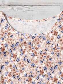 EMERY ROSE 大码女装日常休闲优雅复古度假风热带花卉图案圆领双层小飞袖宽松衬衫，女装夏装，女装度假服装，W