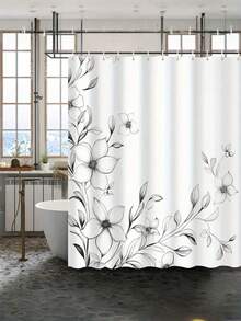 SHEIN 1PC Floral Shower Curtain - Black & White Modern Botanical Print, Waterproof Polyester Fabric With Rust-Resistant Grommets, Machine Washable Bathroom Decor - Luxury Spa Style, Hotel Inspired, Woven Textured Design For Bath & Shower