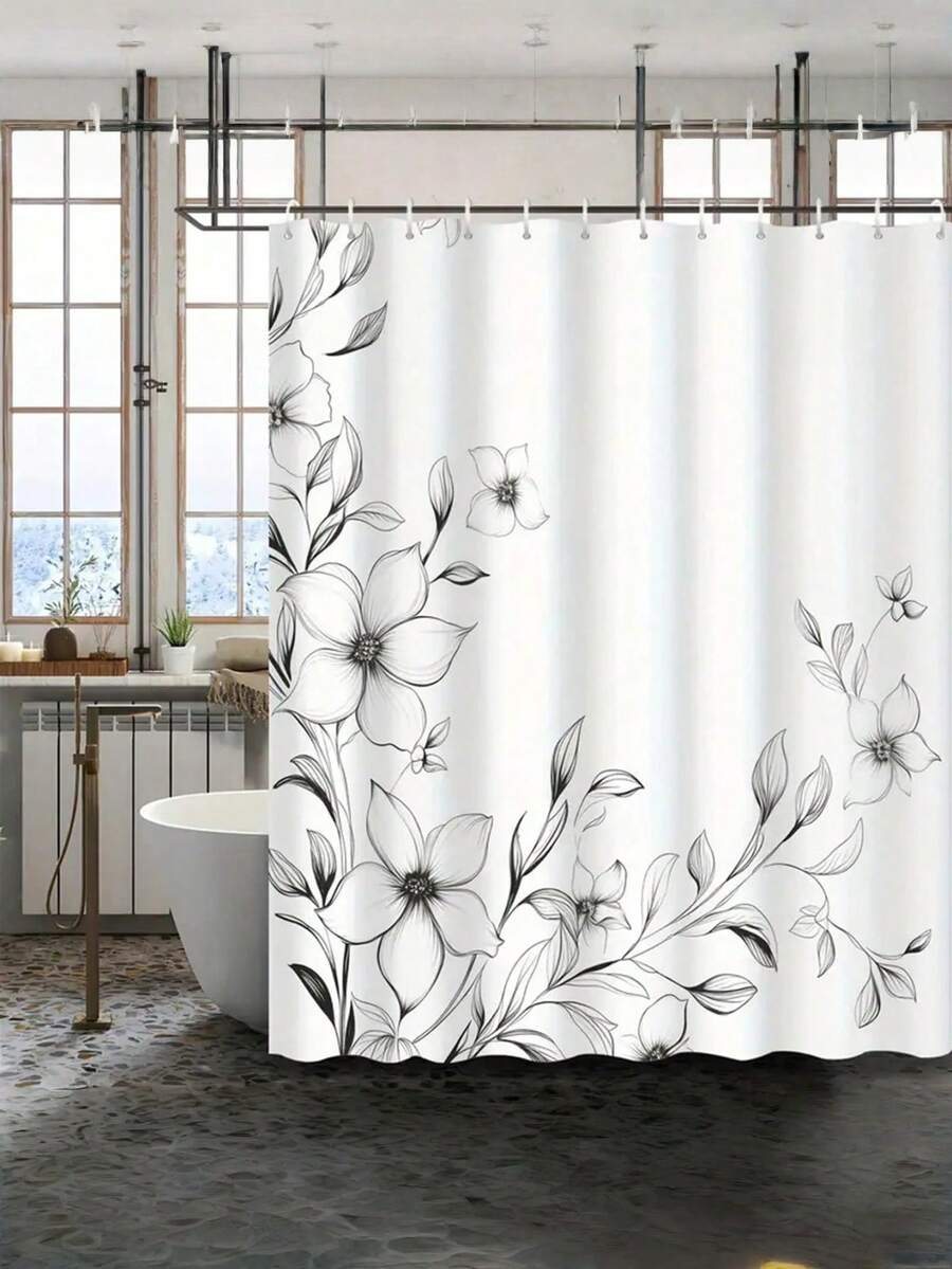 SHEIN 1PC Floral Shower Curtain - Black & White Modern Botanical Print, Waterproof Polyester Fabric With Rust-Resistant Grommets, Machine Washable Bathroom Decor - Luxury Spa Style, Hotel Inspired, Woven Textured Design For Bath & Shower