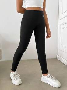 SHEIN 少女日常休闲保暖印花黑色打底裤，带内衬腰带，秋冬季保暖打底裤 - 黑色 - 查看 3