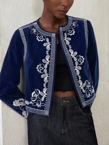 Aveloria Modichic 法式复古女式短外套，丝绒拼色刺绣，秋季西部复古 - 寶藍色 - 查看 5