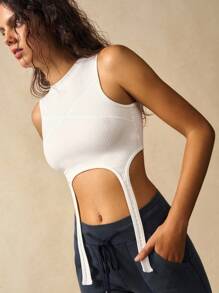 VARSIVA 女式健身上衣 女式简约纯色不对称下摆罗纹运动背心，夏季 - 白色 - 查看 6