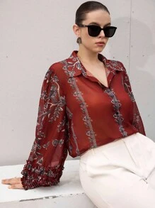 Aveloria Modichic Plus Size Chiffon Floral Print Puff Sleeve Ruffle Hem Long Sleeve Blouse Fall Cloth For Women - Multicolor - View 5