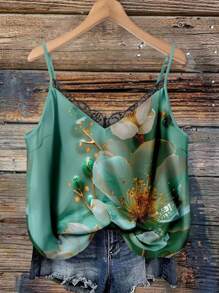 EMERY ROSE 大码女式休闲印花V领蕾丝边吊带背心套装，适合度假，大码夏季服装绿色印花蕾丝吊带背心，适合外出 - 彩色 - 查看 11