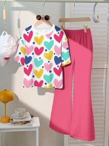 SHEIN Bộ 2 chiếc áo thun tay ngắn in hình trái tim giản dị và tối giản cho bé gái tuổi teen, màu hồng, mùa hè - Nhiều màu - Xem 2