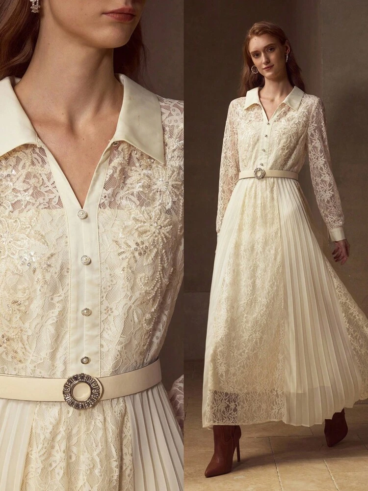 LACE CONTRAST PLEATED FLOWY DRESS