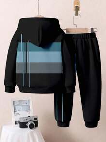 SHEIN 2Pcs Young Boys Casual Loose Fit Thermal Lined Hoodie & Sweatpants Set, Suitable For Autumn And Winter - White - View 3