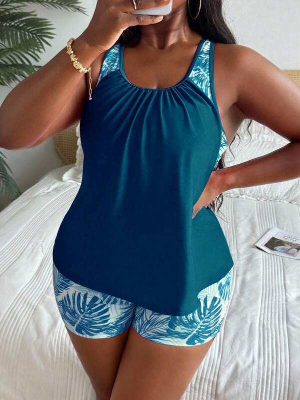 Swim Lushoire Conjunto de traje de baño de 2 piezas con top tipo tankini y shorts con estampado aleatorio para mujer de talla grande