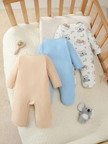 3pcs Newborn Long Sleeve Footie Pajamas Set, Cute Animal Print Homewear Baby Koala Clothes Newborn Cotton Clothes Newborn Unisex Clothes Fall Winter - Multicolor - View 2
