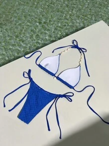 SHEIN Swim Women Shell Beaded Halter Bikini Top And Low Waist Knotted Bikini Bottom For Summer Beach Vacation - Royal Blue - View 2