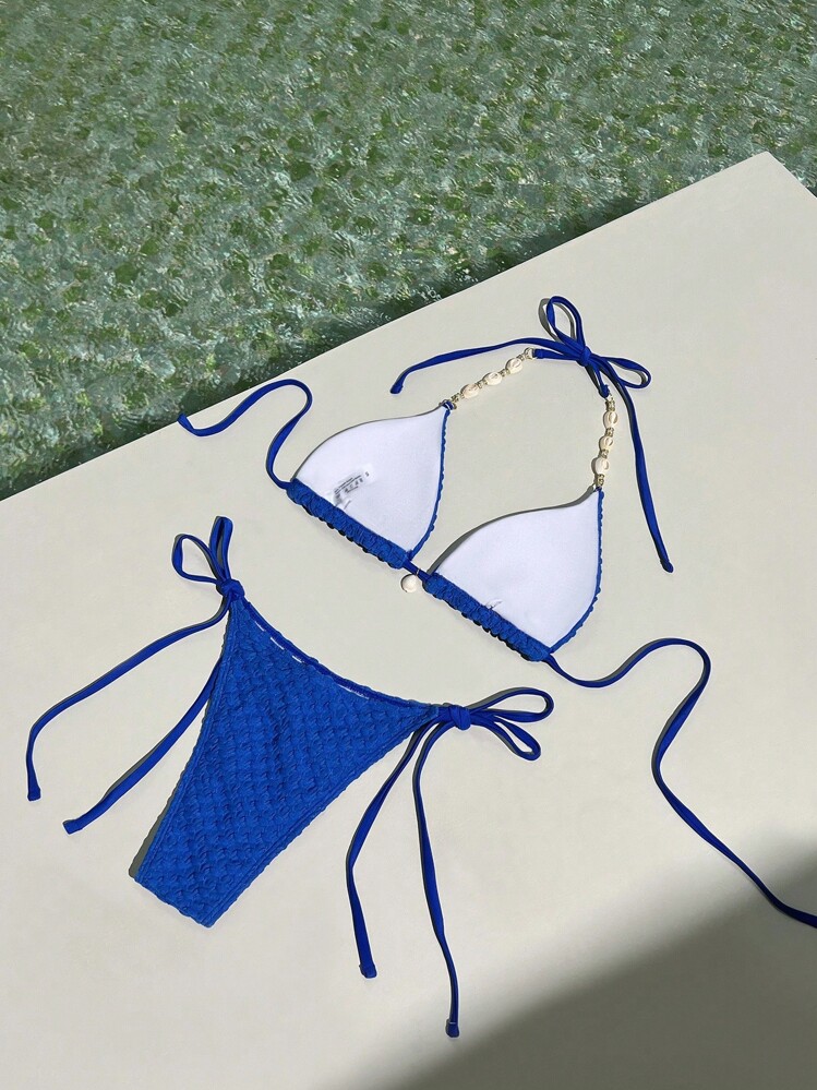 SHEIN Swim 女士贝壳串珠吊带比基尼上衣和低腰打结比基尼下装 - 寶藍色 - 查看 2