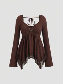 Sweetra Áo cánh dài tay xếp ly cổ chữ V đính khóa trái tim màu bạc dành cho nữ, Xuân/Hè - Cà phê nâu - Xem 1