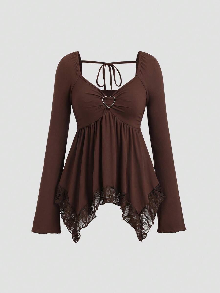 Sweetra Áo cánh dài tay xếp ly cổ chữ V đính khóa trái tim màu bạc dành cho nữ, Xuân/Hè - Cà phê nâu - Xem 1