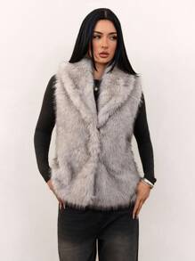 SHEIN Tall 女士纯色优雅通勤无袖仿皮草夹克，秋冬 - 卡其色 - 查看 7