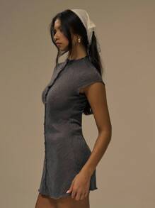 MUSERA Cap Sleeve Collared Fitted Waist Button Down Mini Dress Fall Cute Streetwear Festival Farmhouse Country Vintage Fall Autumn Evening Fall - Grey - View 5