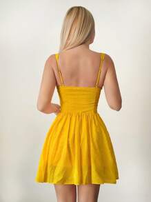 Sweetina Vestido mini de mujer amarillo con bordado, decoración de lazo, cuello en V, corte A, estilo pastoral elegante de verano - Amarillo - Ver 3